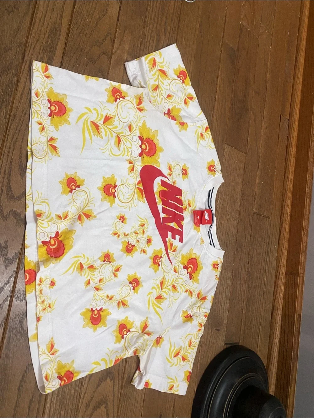 Nike White Tee with Red Logo and Yellow Floral Print